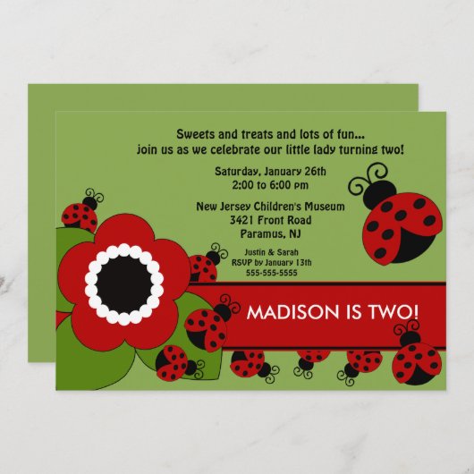 Fleur vive et Ladybug Invitation d'anniversaire (Devant / Derrière)