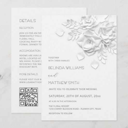 Fleurs 3D blanches Invitation de mariage tout-en-u (Devant / Derrière)