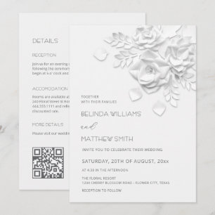 Fleurs 3D blanches Invitation de mariage tout-en-u