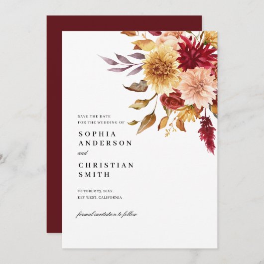 Fleurs Automnes Mariage Enregistrer La Carte Date (Devant / Derrière)