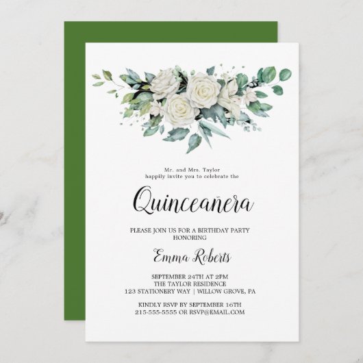 Fleurs blanches classiques Quinceañera Invitation (Devant / Derrière)