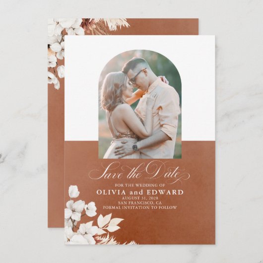 Fleurs blanches en terre cuite Boho Save the Date  (Devant / Derrière)