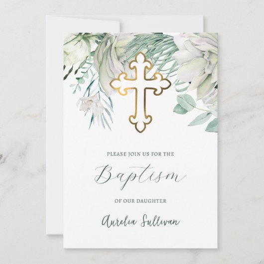 Fleurs blanches et vert Baptême Invitation (Devant)