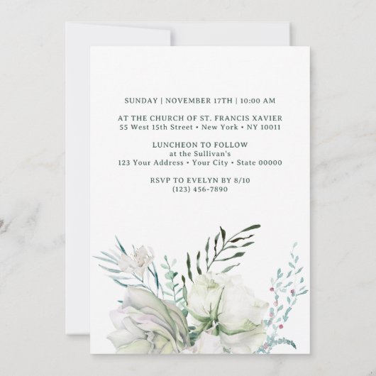 Fleurs blanches et vert Baptême Invitation (Dos)