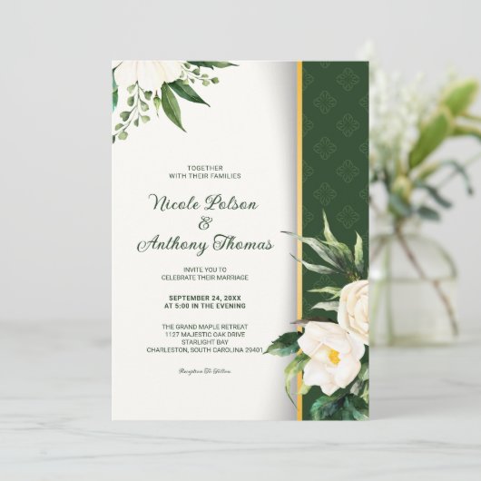 Fleurs blanches Faire-part de mariage en bande dor (Debout devant)