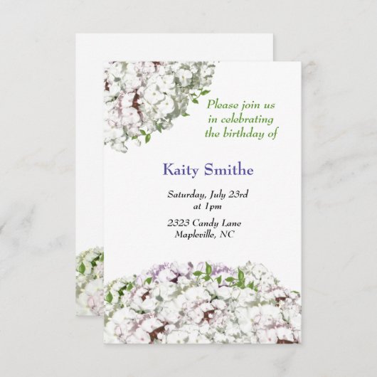 Fleurs blanches Invitation Anniversaire (Devant / Derrière)