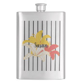 Fleurs blanches jaunes orange sur flacon à rayures (devant)