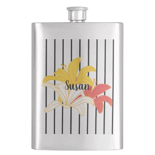 Fleurs blanches jaunes orange sur flacon à rayures (devant)