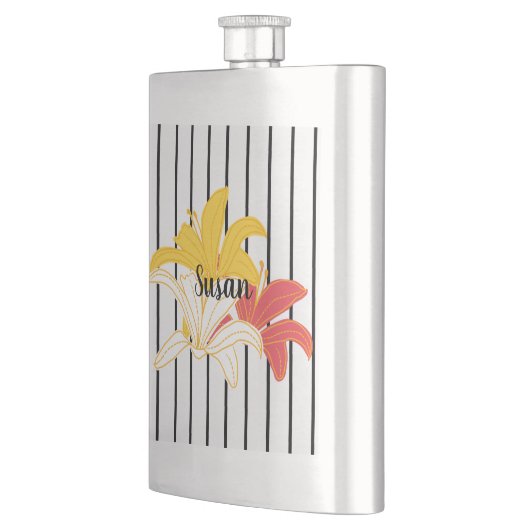 Fleurs blanches jaunes orange sur flacon à rayures (Gauche)