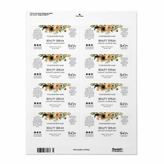 Fleurs blanches modernes face Étiquettes de sérum (Feuille entière)