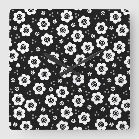 Fleurs blanches noires mignonnes Horloge murale (Recto)