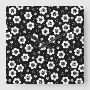 Fleurs blanches noires mignonnes Horloge murale