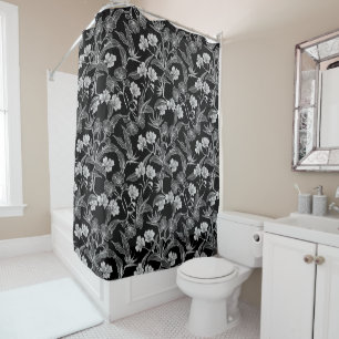 Fleurs blanches noires Rideau de douche Feuille