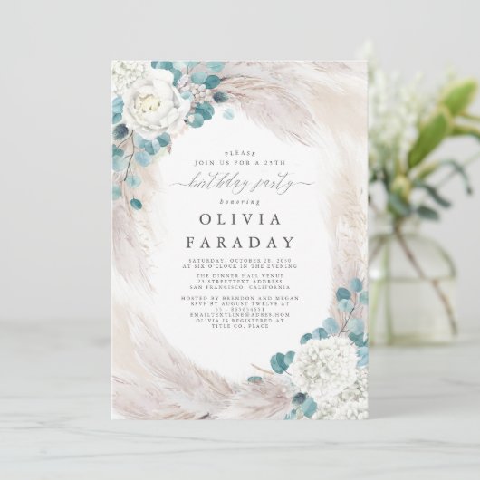 Fleurs blanches Pampas Grass Invitation Anniversai (Debout devant)