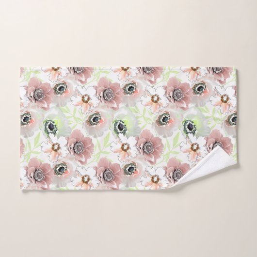Fleurs blanches, roses. (Serviette à main)