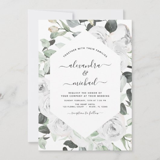 Fleurs blanches Roses Eucalyptus Invitation de mar (Devant)