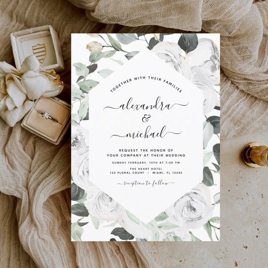 Fleurs blanches Roses Eucalyptus Invitation de mar