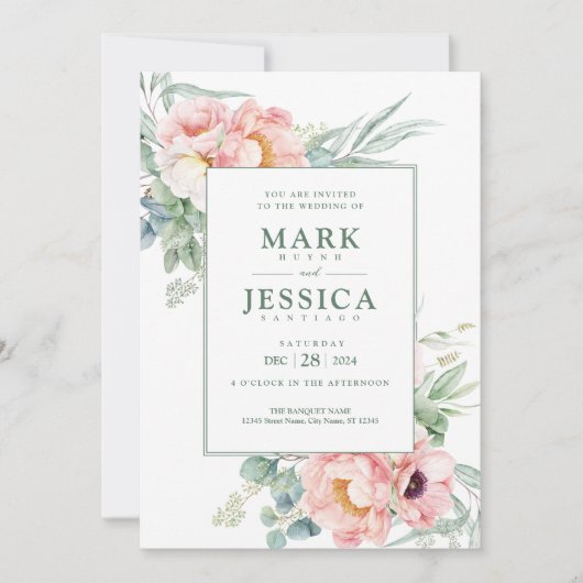 Fleurs blanches roses Faire-part de mariage (Devant)