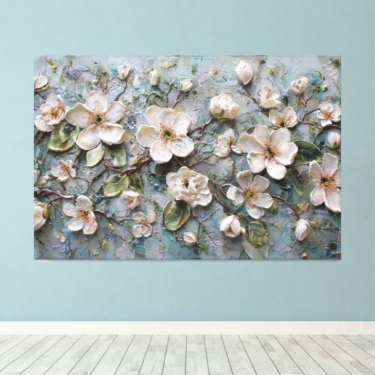 Fleurs Blanches sur Branches – Art Mural Abstrait (Insitu (Plancher de Bois))