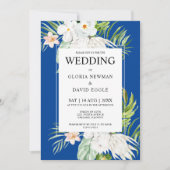 Fleurs blanches sur invitation de mariage bleue (Devant)