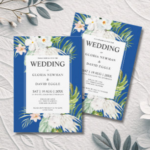 Fleurs blanches sur invitation de mariage bleue