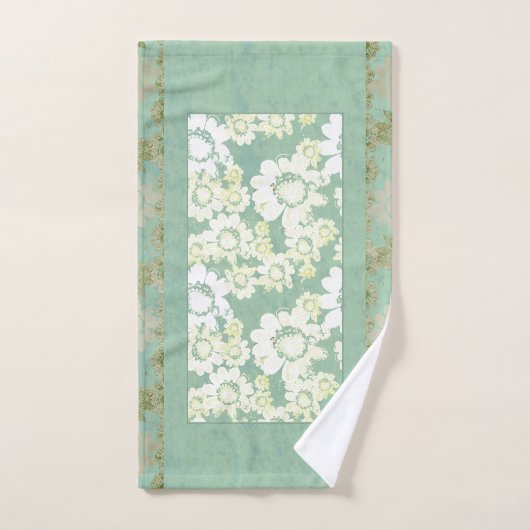 Fleurs blanches sur serviettes de bain vert mer (Serviette à main)