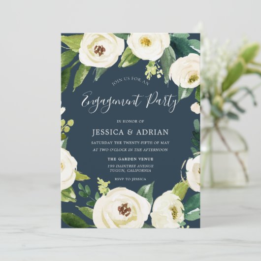 Fleurs blanches Turquoise Engagement Invitation (Debout devant)