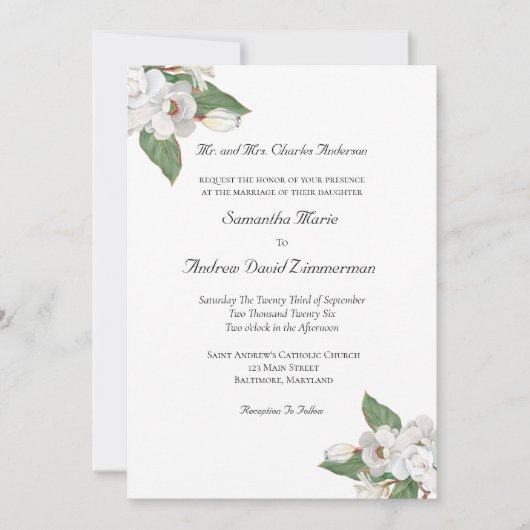 Fleurs blanches Verdure Magnolia Faire-part de mar (Devant)