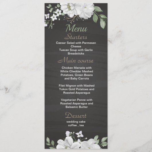fleurs blanches verdure noir menu mariage (Devant)