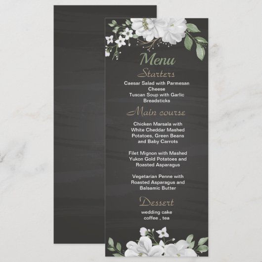 fleurs blanches verdure noir menu mariage (Devant / Derrière)