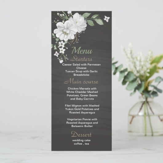 fleurs blanches verdure noir menu mariage (Debout devant)