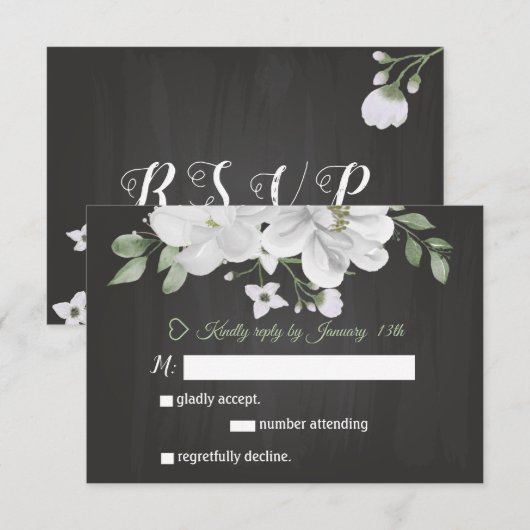 fleurs blanches vert noir carte RSVP (Devant / Derrière)