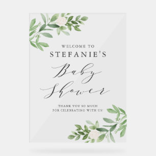 Fleurs blanches vertes Baby shower gris Accueil