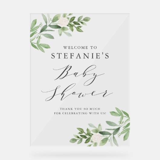 Fleurs blanches vertes Baby shower gris Accueil (Recto)