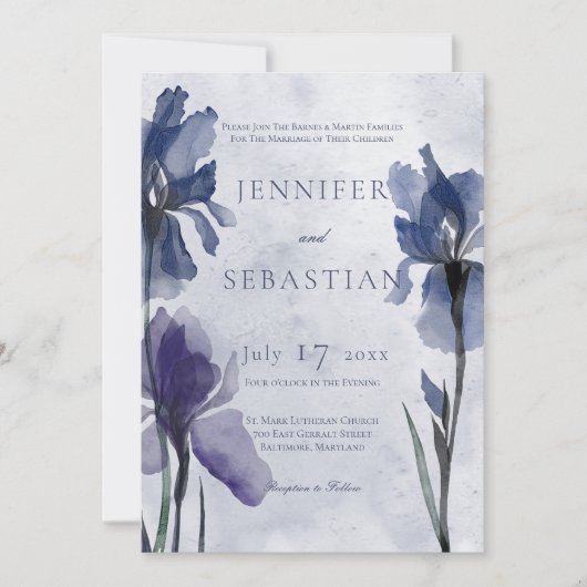 Fleurs bleu Iris Bleu Faire-part de mariage modern (Devant)