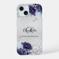 Fleurs bleu marine argent élégant monogramme nom