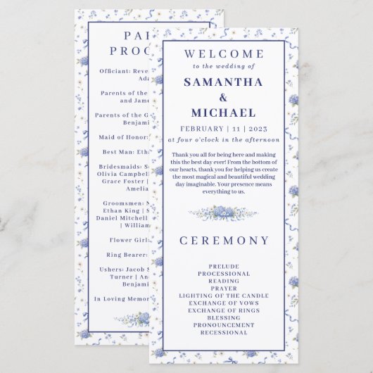 Fleurs Bleu Marine Minuscules Programme de Mariage (Devant / Derrière)