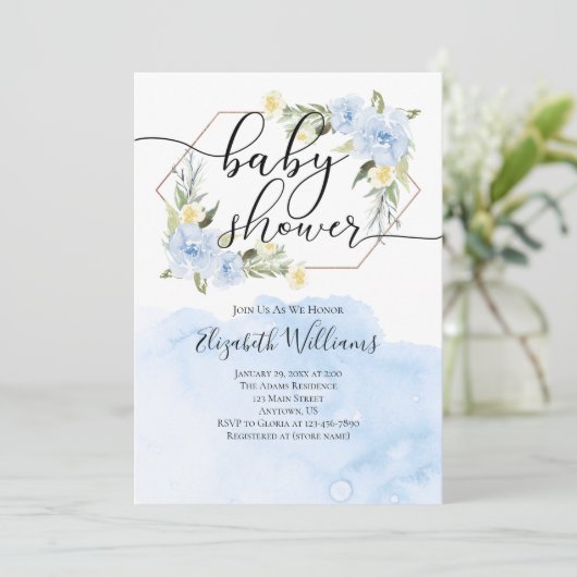 Fleurs bleues Aquarelle Baby shower Invitation (Debout devant)