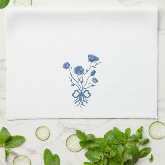 Fleurs Bleues Avec Serviette De Cuisine Bow (Plié)