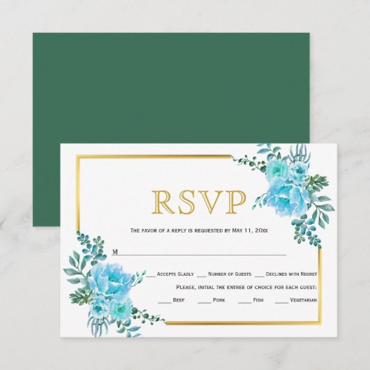 Fleurs bleues, cadre or mariage carte RSVP (Devant / Derrière)
