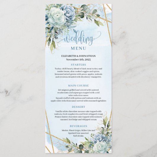 Fleurs bleues dorées modernes Menu Mariage or blan (Devant)