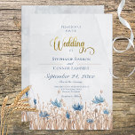 Fleurs bleues et champs de blé avec invitation ble<br><div class="desc">Des fleurs de maïs bleu doux fleurissant dans un champ brun brun brun doux rendent ce simple faire-part de mariage unique. On ressent presque la douce brise qui déplace les herbes. Simple, mais élégant, les tons terre et bleu doux sont la combinaison parfaite. Le dos de la carte porte le...</div>