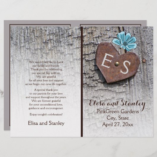 Fleurs bleues et coeur sur le programme de mariage (Devant / Derrière)