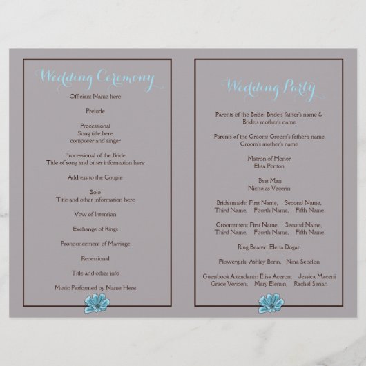 Fleurs bleues et coeur sur le programme de mariage (Dos)