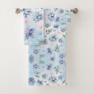 Fleurs bleues et papillons roses