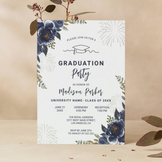 Fleurs Bleues Foncé Invitation de graduation