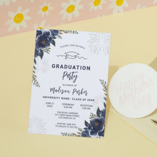 Fleurs Bleues Foncé Invitation de graduation
