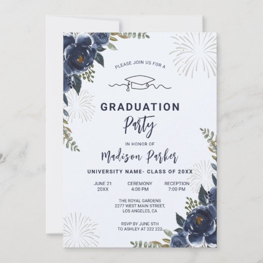 Fleurs Bleues Foncé Invitation de graduation (Devant)