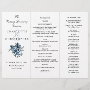 Fleurs bleues Indigo programme de mariage Tri-Fold