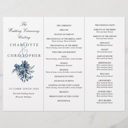 Fleurs bleues Indigo programme de mariage Tri-Fold (Devant)